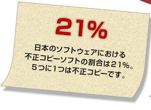 【２１％】日本のソフトウェアにおける不正コピーソフトの割合は２１％。５つに１つは不正コピーです。