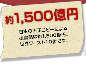 【約1,500億円】日本の不正コピーによる損害額は約1,500億円。世界ワースト１０位です。
